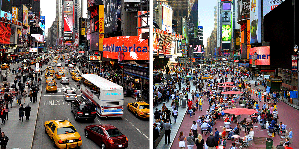 A busy street with many cars and people.