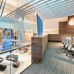 A room with tables and chairs.