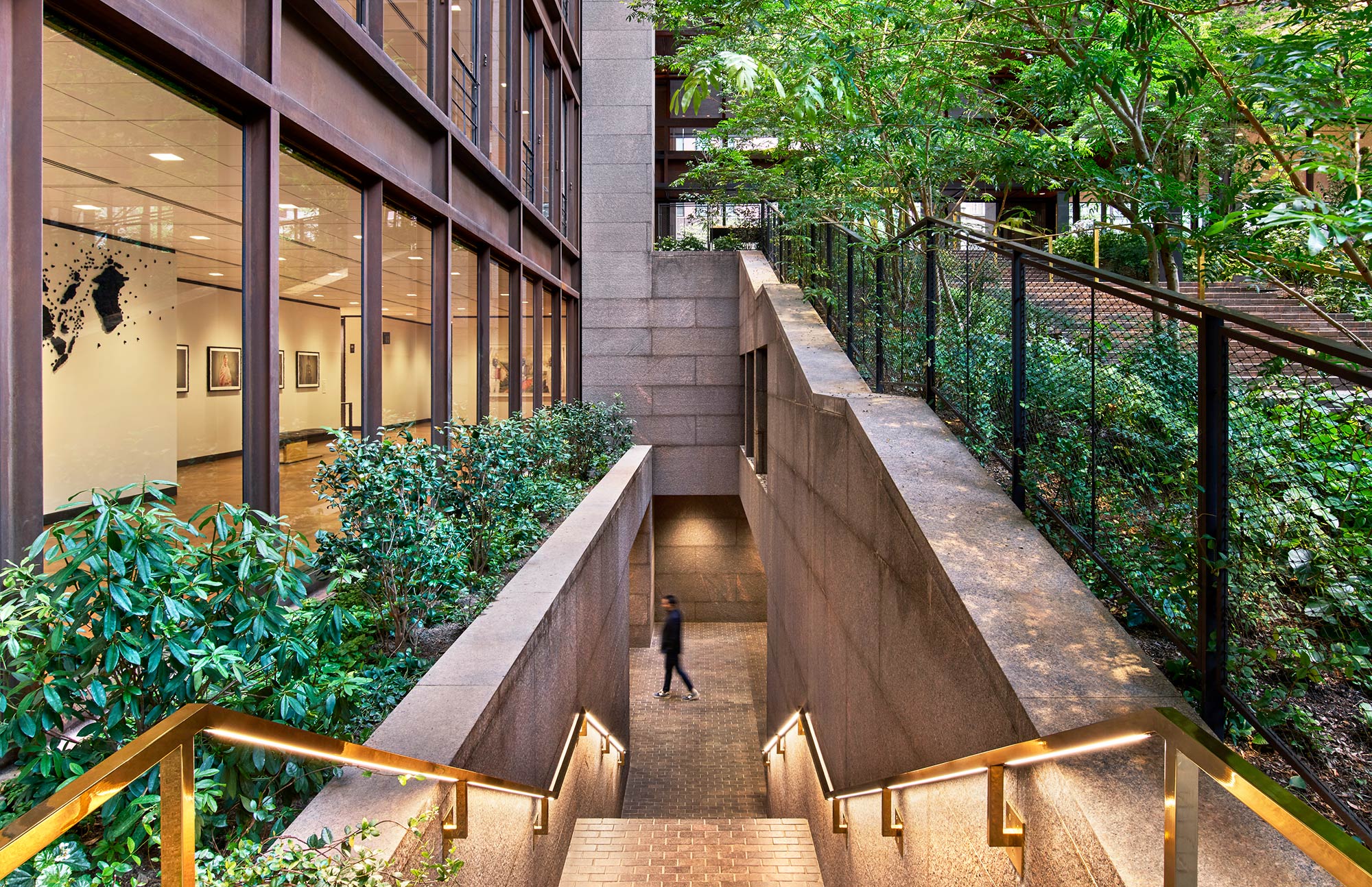 A person walking up a flight of stairs.