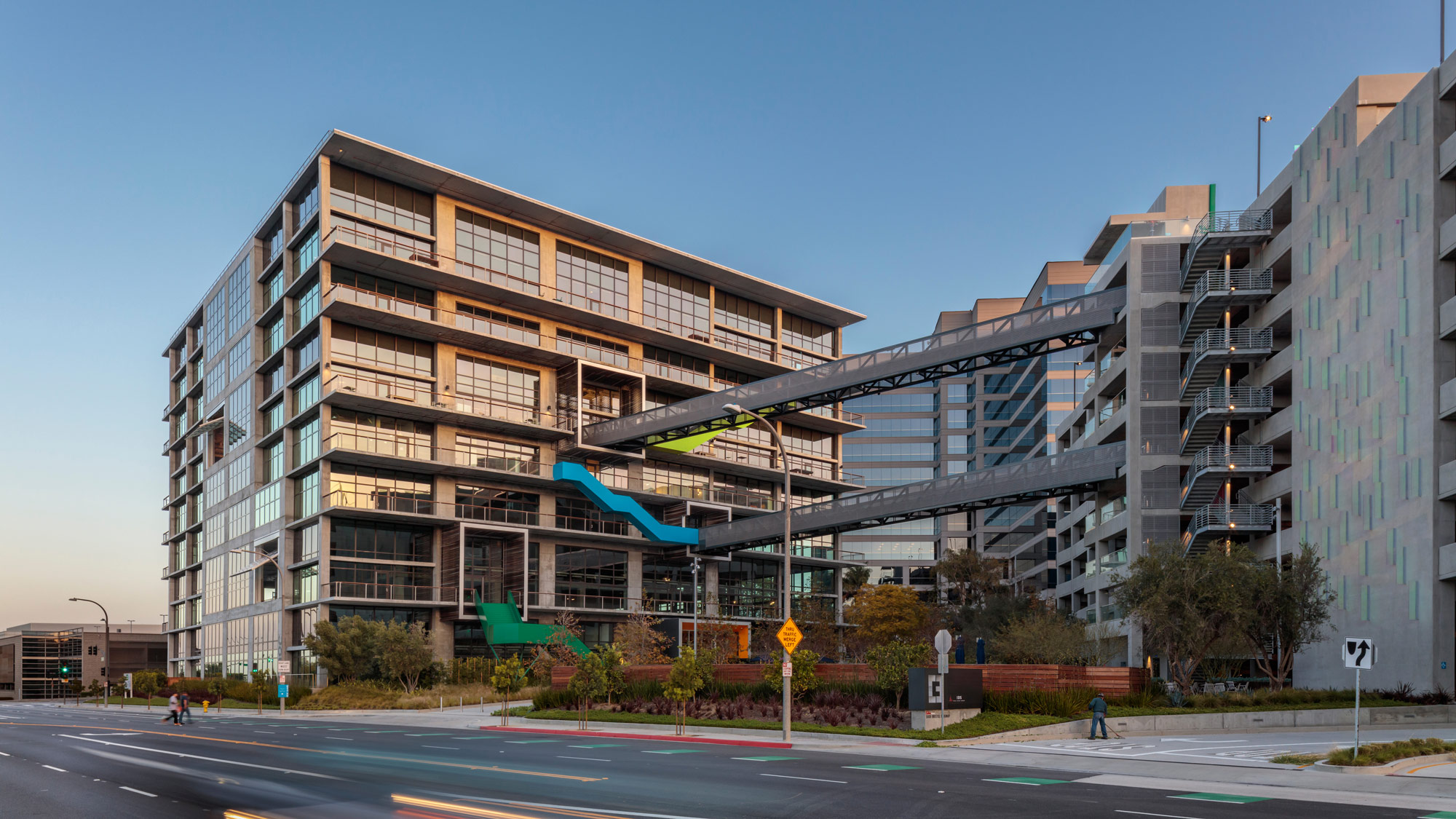 An exterior photo of the Culver City Creative (C3) office building in Culver City, California, showing exterior walkways and entry points.