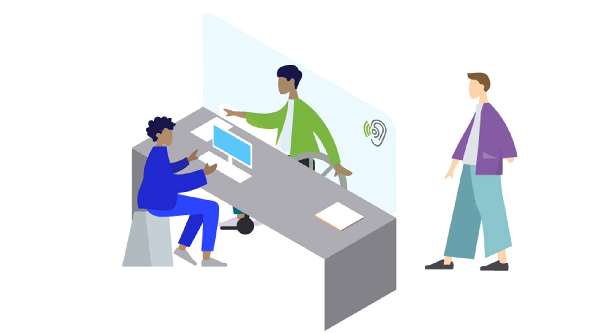 A graphic illustration depicting a service counter with plexiglass separating a receptionist from the public.