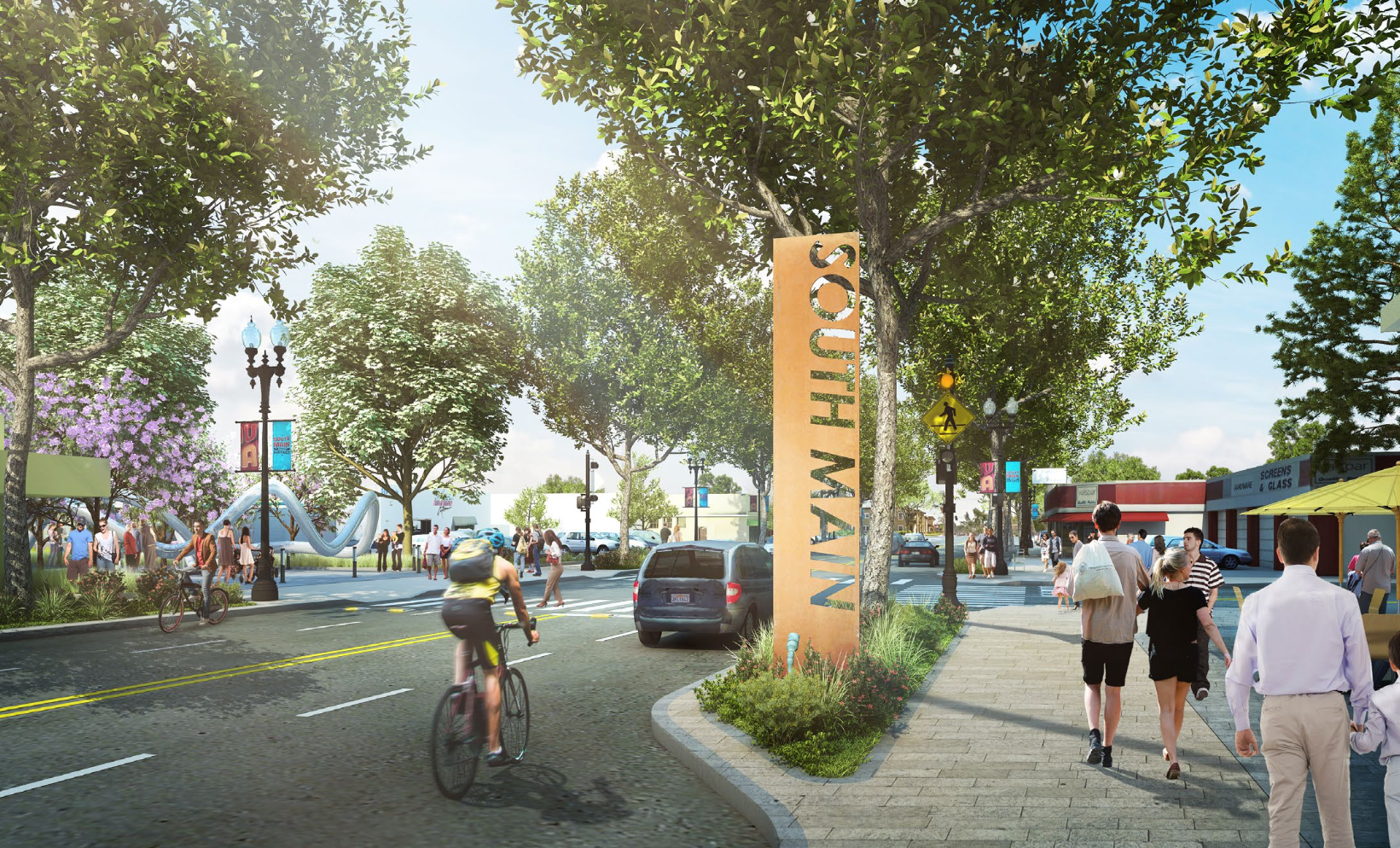 A person riding a bicycle on a sidewalk next to a sign.