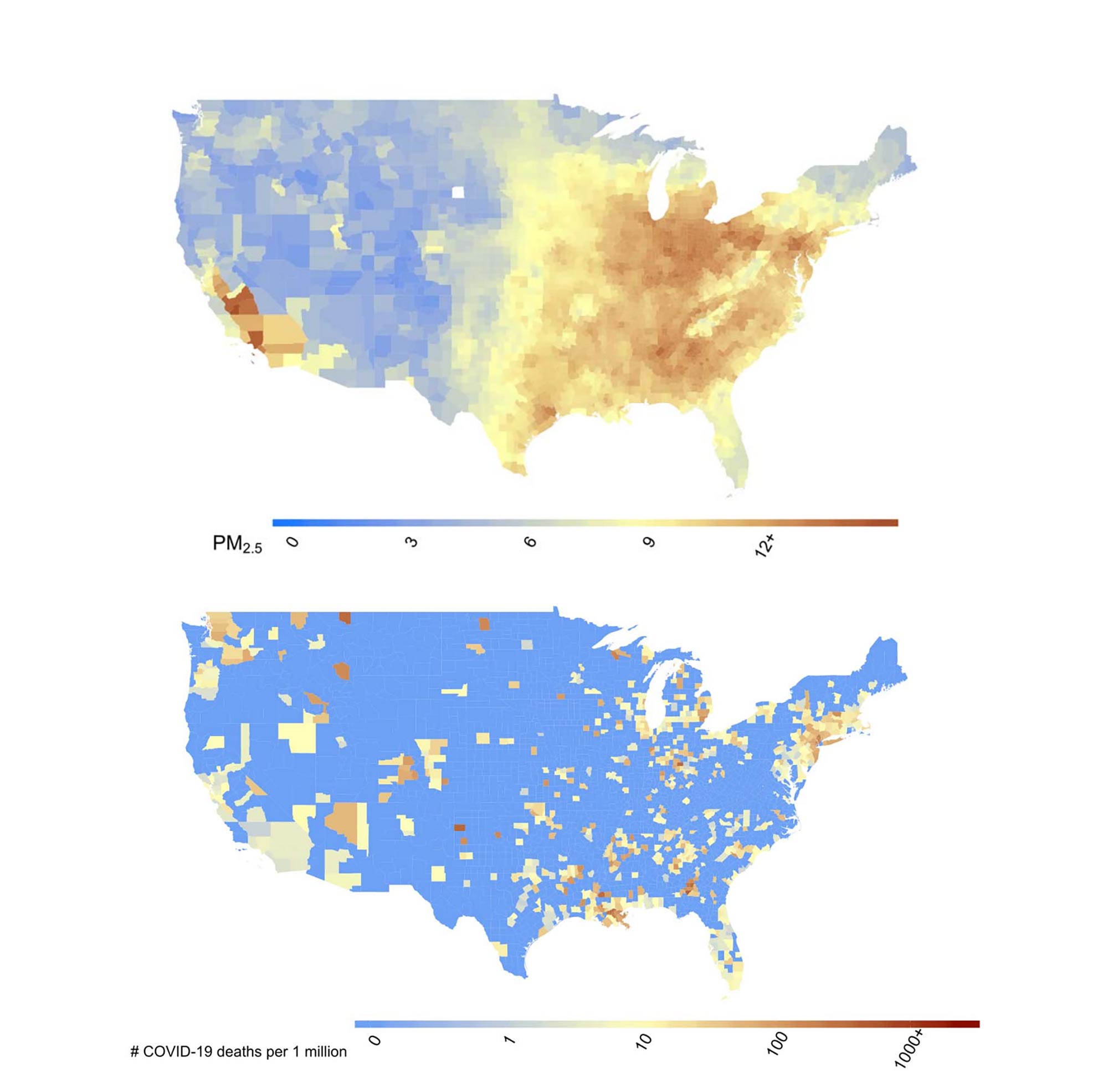 Maps show (a) county-level 17-year long-term average of PM2.5 concentrations (2000- 2016) in the US in g/m3 and (b) county-level number of COVID-19 deaths per one million population in the US up to and including April 4, 2020.