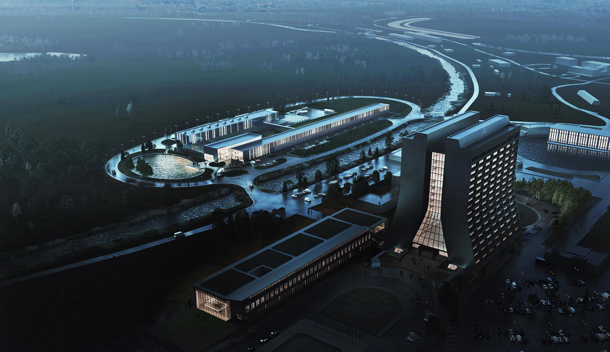 A large building with a pool in front of it.