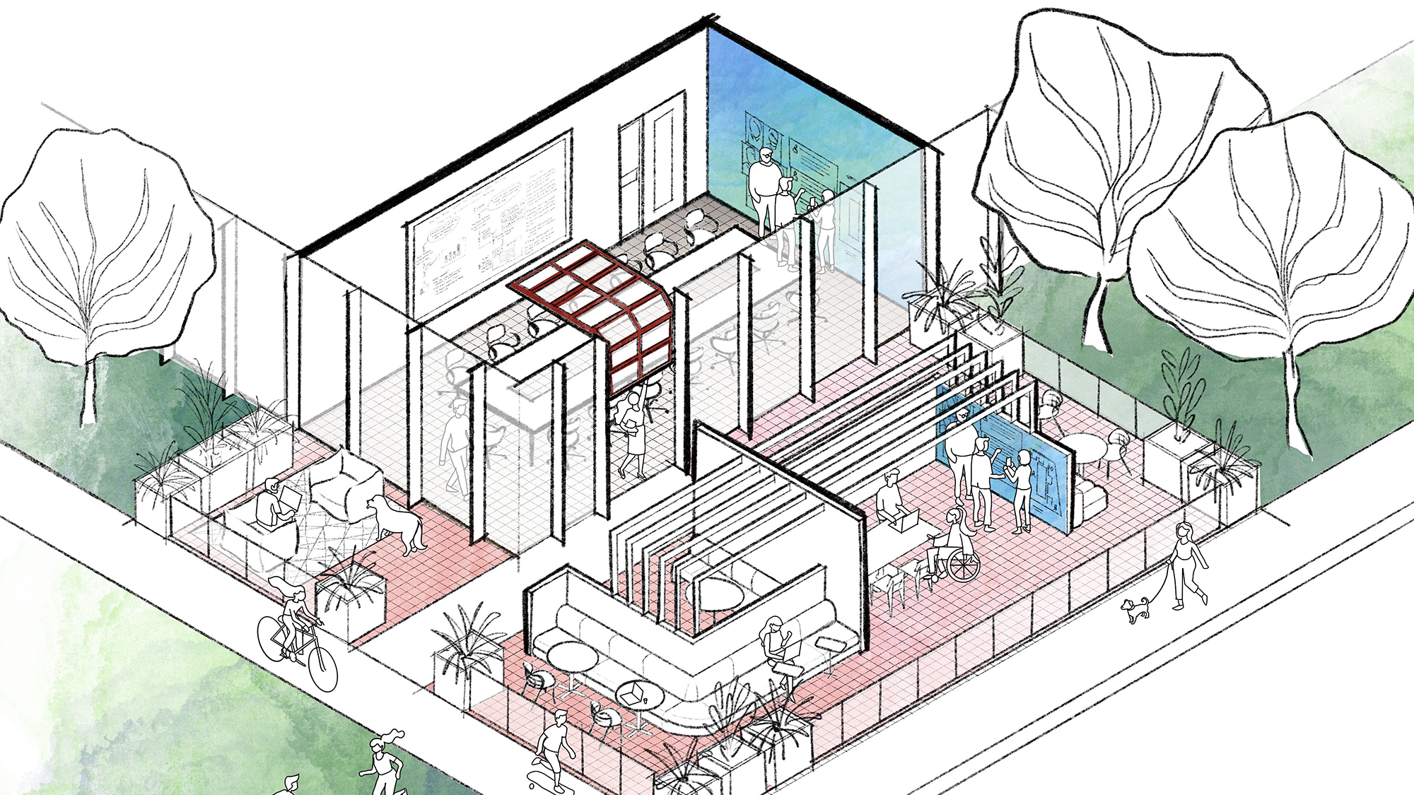 A sketch of the mid-door space, an indoor-outdoor place for collaboration and socialization