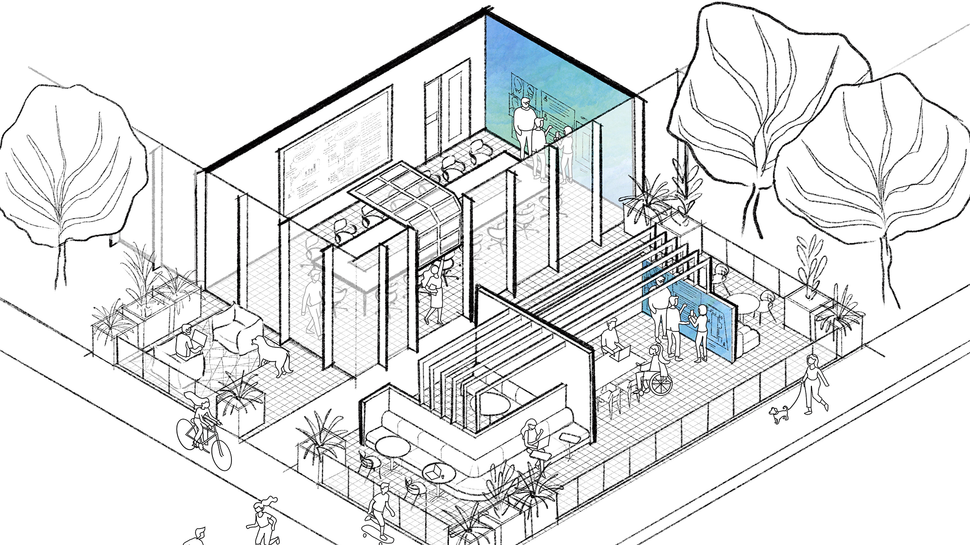 A sketch of the mid-door space, an indoor-outdoor place for collaboration and socialization