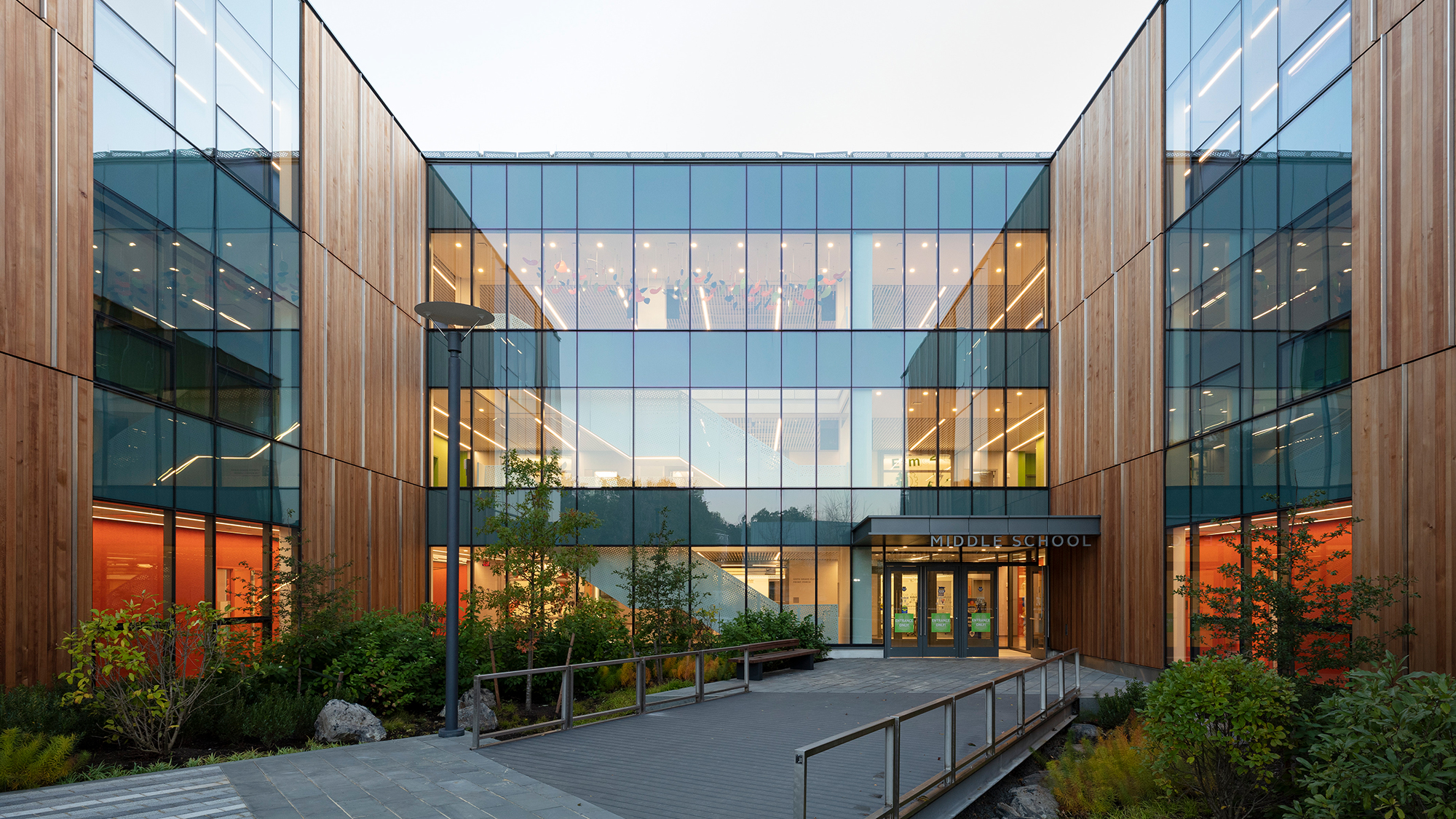 A building with glass windows.