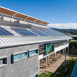 A building with solar panels.