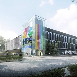 A building with a colorful glass wall.