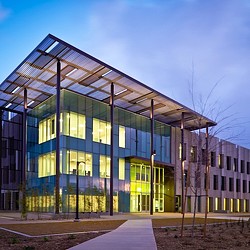 A building with glass windows.