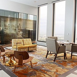 A room with a large glass wall.