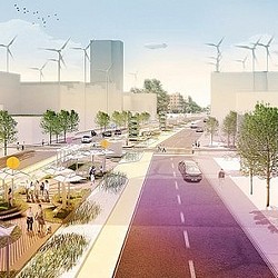 A street with cars and people.