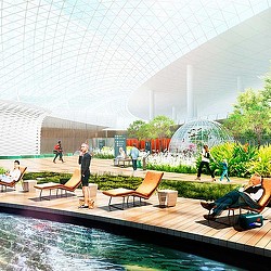 A group of people in a large indoor water fountain.