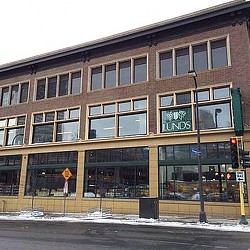 A building with a street light.