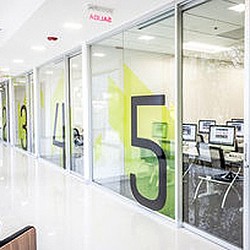 A train with a glass door.