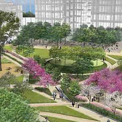 A park with a building in the background.