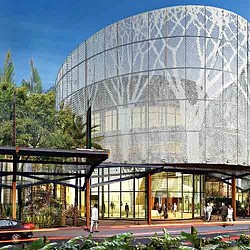 A large glass building.