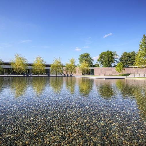 A body of water with buildings and trees around it.
