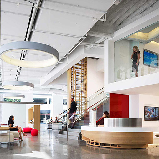 A group of people in a building.