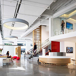 A group of people in a building.