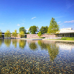 A pond with a building in the background.
