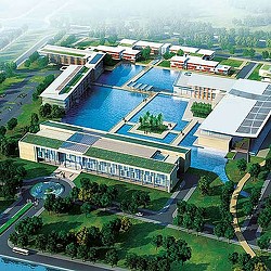 Aerial view of a building complex.