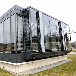 A building with glass windows.