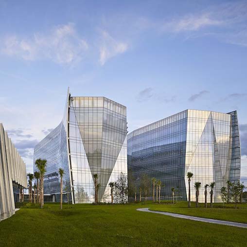 A few glass buildings.