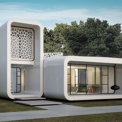 A white building with a glass door.