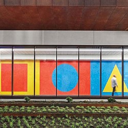 A building with a large sign on the side.