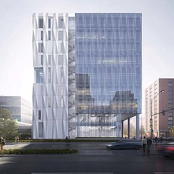 A large building with glass windows.