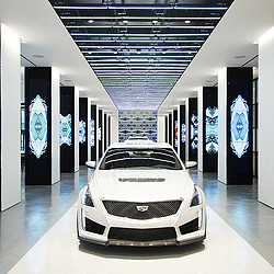 A white car in a showroom.