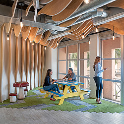 A group of people sitting on a mat in a room with a large ceiling.
