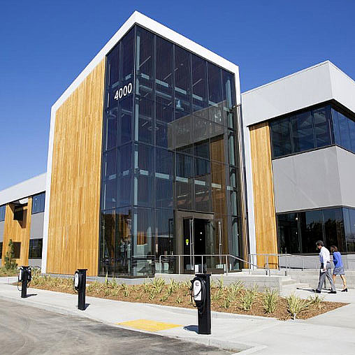 A building with glass windows.