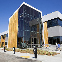 A building with glass windows.