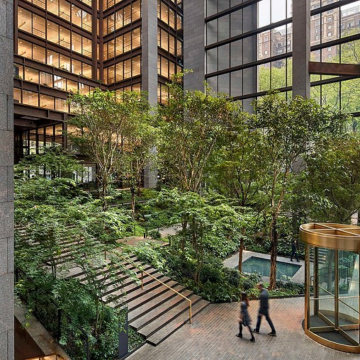 A group of people walking on a path between buildings.