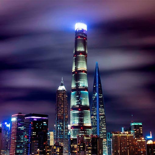 A city skyline at night.