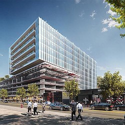 A large glass building.