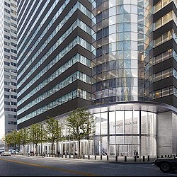 A street with tall buildings.