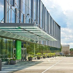A building with glass walls.