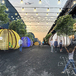 People walking under a covered walkway.