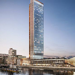 A tall glass building.