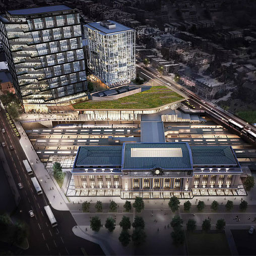 Aerial view of a large building.