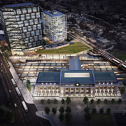 Aerial view of a large building.