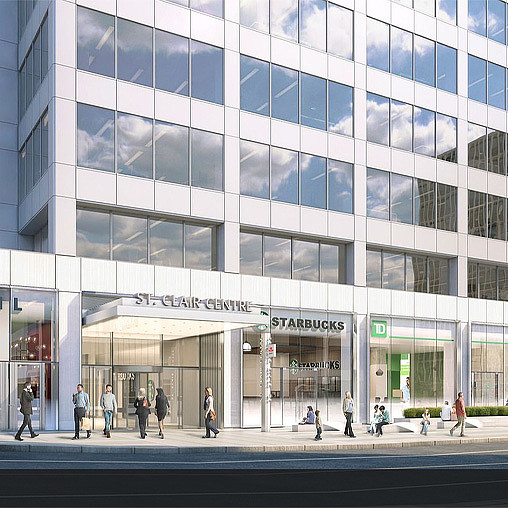 A large building with people walking around.
