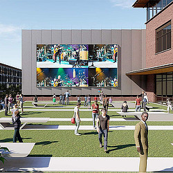 A large screen on a building.