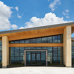 A building with glass windows.