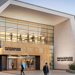 A building with a glass front.