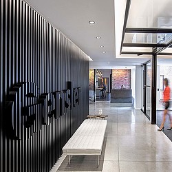 A bench in a building.