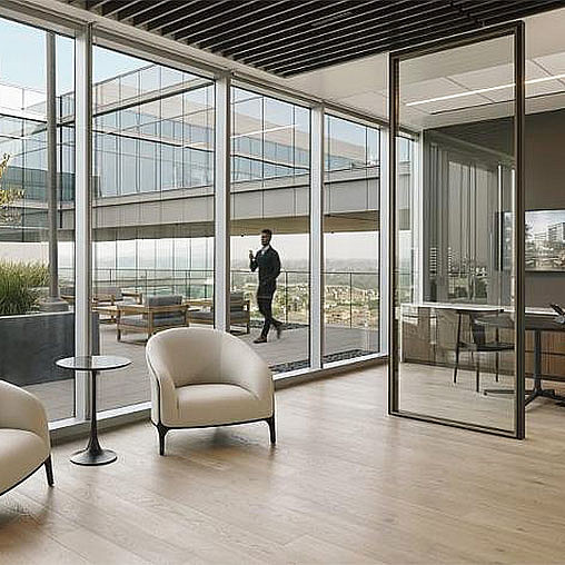 A person standing in a room with large windows and a table.